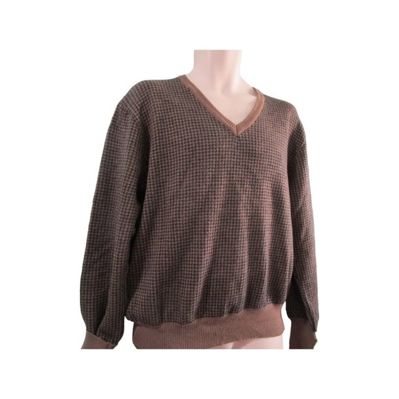 Vintage Nordstrom Black Tan Houndstooth Sweater Merino Wool Mens Lg Italy - Picture 6 of 16